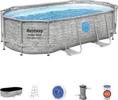 The robust steel swimming pool "Horizon Series II" - a 14 feet x 8 feet 2 inches x 39.5 inches outdoor above-ground pool package, equipped with a 530 liter/minute filtration pump, ladder and pool cover.