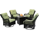 5-Piece Steel Patio Fire Pit Conversation Set with Navy Blue Cushions, Swivel Gliders and Square Fire Pit Table