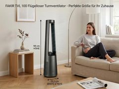 Fakir TVL 100 Flügelloser Turmventilator - DC-Motor, 12 Lüfterstufen, 30 dB(A), 60° Oszillation, 12h Timer, LED Touch Display, Fernbedienung,