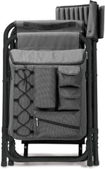The "Picnic Time" brand's outdoor folding chairs with a unique design feature a grey base and a black frame. The dimensions are 33 x 7 x 21.