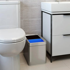 16-gallon contact-free trash and recycling bins, made of stainless steel, with a double compartment design (each compartment holds 8 gallons), suitable for recycling and waste disposal in the kitchen.