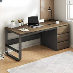 This stylish and modern office desk features an integrated cable management system, a wooden desktop, and a rectangular shape. It comes with three drawers and is ideal for both office and home use. Available in brown, it measures 63 inches in length,