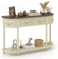 Retro game console table with drawer, 52-inch narrow sofa table with open shelves, table with storage function at the half-moon entrance, solid wood legs, entrance table for retro living room corridor, beige color scheme