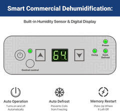 Galon dehumidifier, a drain-equipped basement dehumidifier for commercial, garage, and kitchen use, compact design, automatic defrosting, memory start function, suitable for 1200 square feet of space.