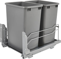 A double pull-out trash can suitable for the bottom of kitchen cabinets, with a capacity of 35 ounces (approximately 0.875 gallons), equipped with a gentle closing sliding mechanism, and in the color of Orison Gray.