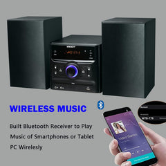 Bluetooth Stereo System, CD Player, Wireless Streaming, MP3, USB, Audio in, FM Radio, 30W, Micro Sound System