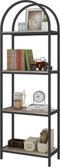 Yusong Bookshelf Rattan Arched Bookcase, 74" Tall Industrial Open Book Shelves for Living Room, Modern Freestanding Boho 5 Tier Display Storage Rack with Metal Frame, Office, Bedroom, Burlywood