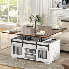 VOWNER Mesa de Centro Elevable, Mesa Extensible, Multifuncional 3 en 1 con Almacenamiento Oculto - Comedor, Convertible, Estilo Granja, Nogal