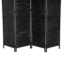 6 Ft Tall Four-Panel Wicker Weave Room Divider, Black Wood Privacy Screen