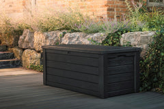 Outdoor storage deck box, 150-gallon resin deck storage box and bench, with wood-grain design, in brown color scheme