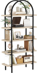 Yusong Bookshelf Rattan Arched Bookcase, 74" Tall Industrial Open Book Shelves for Living Room, Modern Freestanding Boho 5 Tier Display Storage Rack with Metal Frame, Office, Bedroom, Burlywood