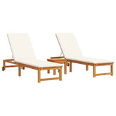 2025 Tumbonas 2 pcs con Mesa y Cojines de Madera Maciza de Acacia, Tumbona con Cojines Crema de Madera Maciza de Acacia, Mesa Lateral de Jardín