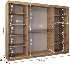 ABIKSMEBLE York 1 250 Armario 2 Puertas Correderas para Dormitorio - Armario Moderno con Espejo, Barra y Estantes - 250x200x62 cm (Ancho x Alto x