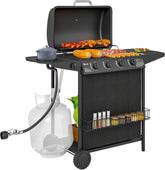 4+1 Burner Propane Gas BBQ Grill, Portable Gas Barbecue Grill with Side Burner, Thermometer, Lid, Side Table, Shelf, Spice Rack, Wheels, Grease Cup for Garden, Black