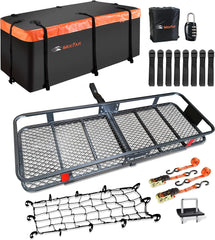 Roof Rack Carrier Basket Universal Rooftop 51" X 36" X 5" + Waterproof Bag 15 Cubic Feet (44" 34" 17"), and Cargo Net with Attachment Hooks, Ratchet Straps
