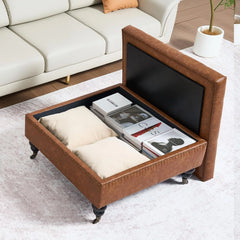 Square leather footstool with storage function, coffee table-style footstool with soft padded raised buttons, equipped with wheels, polyurethane leather high-density sponge, suitable for living room, dormitory, bedroom, in brown color scheme.