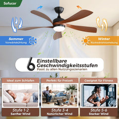 Sofucor Smart Deckenventilator mit Beleuchtung,132cm Deckenventilator mit Licht, Kompatibel mit Alexa/APP, Fernbedienung, 3 Farbtemperatur, Timer, 6