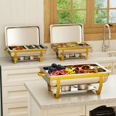4 Pack Stainless Steel Chafing Dishes for Buffet, 9 QT Capacity 7 Pans Food Warmers for Parties, Weddings, Events Hosting, Family Gatherings, Full Set Catering Server with Serving Utensils Accessories