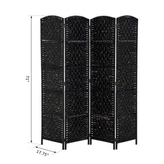 6 Ft Tall Four-Panel Wicker Weave Room Divider, Black Wood Privacy Screen