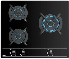 TEKA Placa de Gas Natural 60 cm, 3 Fuegos, Cristal Templado, Mandos Frontales Ergonómicos, Quemador Doble Anillo, Seguridad Termopar, Autoencendido,