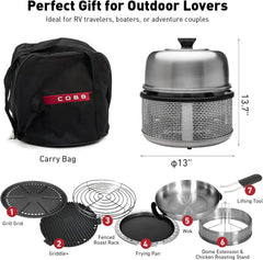 Stainless steel non-smoking portable tabletop charcoal grill with a frying pan, an outdoor barbecue grill with 10 functions, suitable for camping, boats and RVs, is the perfect combination for an outdoor kitchen (fully equipped)