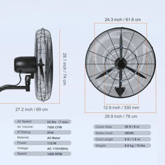 VEVOR Nebelventilator, 61,6 cm oszillierender, wasserdichter Ventilator, 3 Geschwindigkeiten, 7000 CFM, gewerblicher oder privater Ventilator zur