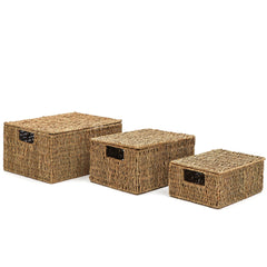 Set of 3 Small Rectangular Seagrass Baskets with Lids, Woven Storage Baskets