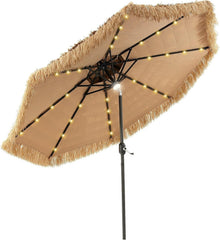 Mud-cloth style ti-ki courtyard shade umbrella - Two-layer Hawaiian lei-style inclined beach shade umbrella, equipped with 33 LED lights, 8 umbrella ribs and a rotatable lifting device, solar-powered lawn-type courtyard shade umbrella, tropical palm-
