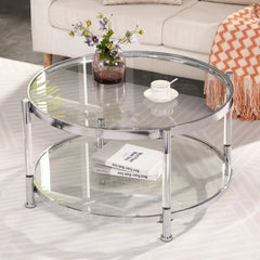 A round coffee table with a metal frame, the surface is made of chrome-plated acrylic glass.