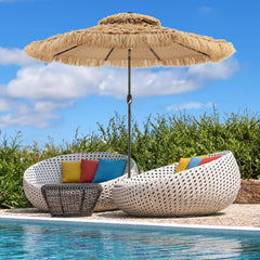 Mud-cloth style ti-ki courtyard shade umbrella - Two-layer Hawaiian lei-style inclined beach shade umbrella, equipped with 33 LED lights, 8 umbrella ribs and a rotatable lifting device, solar-powered lawn-type courtyard shade umbrella, tropical palm-