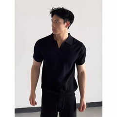 Men's Ribbed Knit Open Collar Short Sleeve Polo Shirt