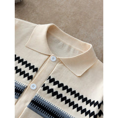 Men's Geometric Jacquard Short Sleeve Button-Front Knit Polo Shirt