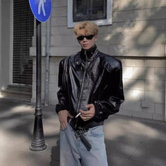 Men's Stand Collar Faux Leather Short Jacket