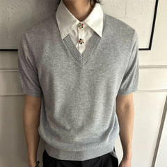 Men's Faux Two-Piece V-Neck Short Sleeve Knit Shirt