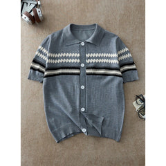 Men's Geometric Jacquard Short Sleeve Button-Front Knit Polo Shirt