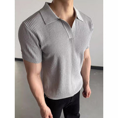 Men's Ribbed Knit Open Collar Short Sleeve Polo Shirt