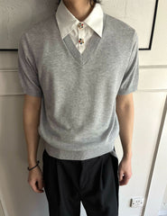 Men's Faux Two-Piece V-Neck Short Sleeve Knit Shirt
