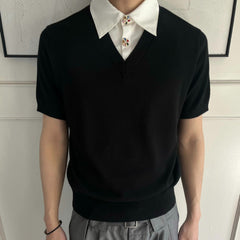 Men's Faux Two-Piece V-Neck Short Sleeve Knit Shirt