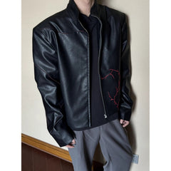 Men's Embroidered Faux Leather Shoulder Pad Jacket