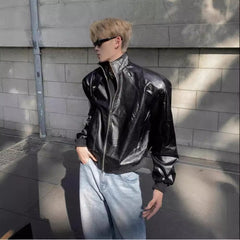 Men's Stand Collar Faux Leather Short Jacket