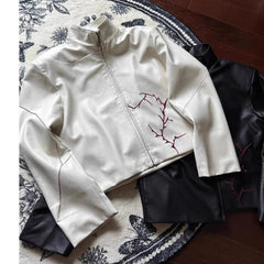 Men's Embroidered Faux Leather Shoulder Pad Jacket