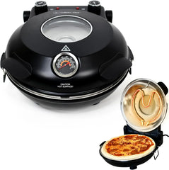 Electric Pizza Oven with Ceramic Stone, Viewing Window, Adjustable Heat Control, Timer and 1200W Baking Power, DIY Homemade Pizzeria, Large 12�� Pie Capacity (Black)