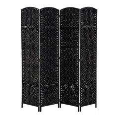 6 Ft Tall Four-Panel Wicker Weave Room Divider, Black Wood Privacy Screen