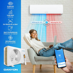 Danyon Klimaanlage Split - 12000 BTU - 3,4 kW, Selbstreinigung, leise, Smart Home, Inverter Klimagerät mit Heizfunktion, Splitgerät vorgefüllt mit R32
