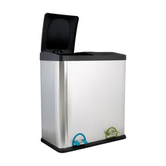 60L 2 Compartment Stainless Steel Recycling Bin, Dual Section Trash Sorter Container for Kitchen, Home & Office