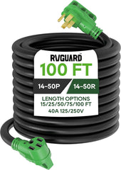 40 Amp 100 Foot RV/EV Extension Cord, NEMA 14-50P/R Heavy Duty Extension Cord with LED Power Indicator and Cord Organizer, Green,