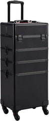 4 in 1 Professional Rolling Aluminum Cosmetic Makeup Train Organizer Storage Case Artist Train Case Salon Beauty Cosmetic Jewelry Organizer Trolley with 4 Wheels (All Black)
