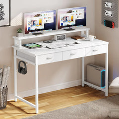 Small Computer Desk with Fabric Drawers and Monitor Stand, Compact Home Office Workstation for Small Spaces