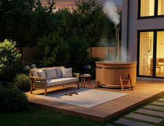 Holz Badefass Bergen, Hot Tub Ø 160 x 110 cm, inkl. Edelstahl-Ofen 22 kW und Einstiegsleiter, 3-4 Personen, Schwimmbecken, Badebottich, Sprudelbad