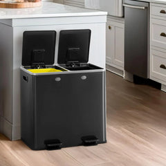 CAPHAUS Dual Trash Can with Double Lid, Trash and Recycle Bins Combo, Hands-free Stainless-Steel Garbage Can for Kitchen, with 2 Compartment, Hinged Lid, Odor Filters, Handles, 25L+25L, 2 x 6.6 Gallon